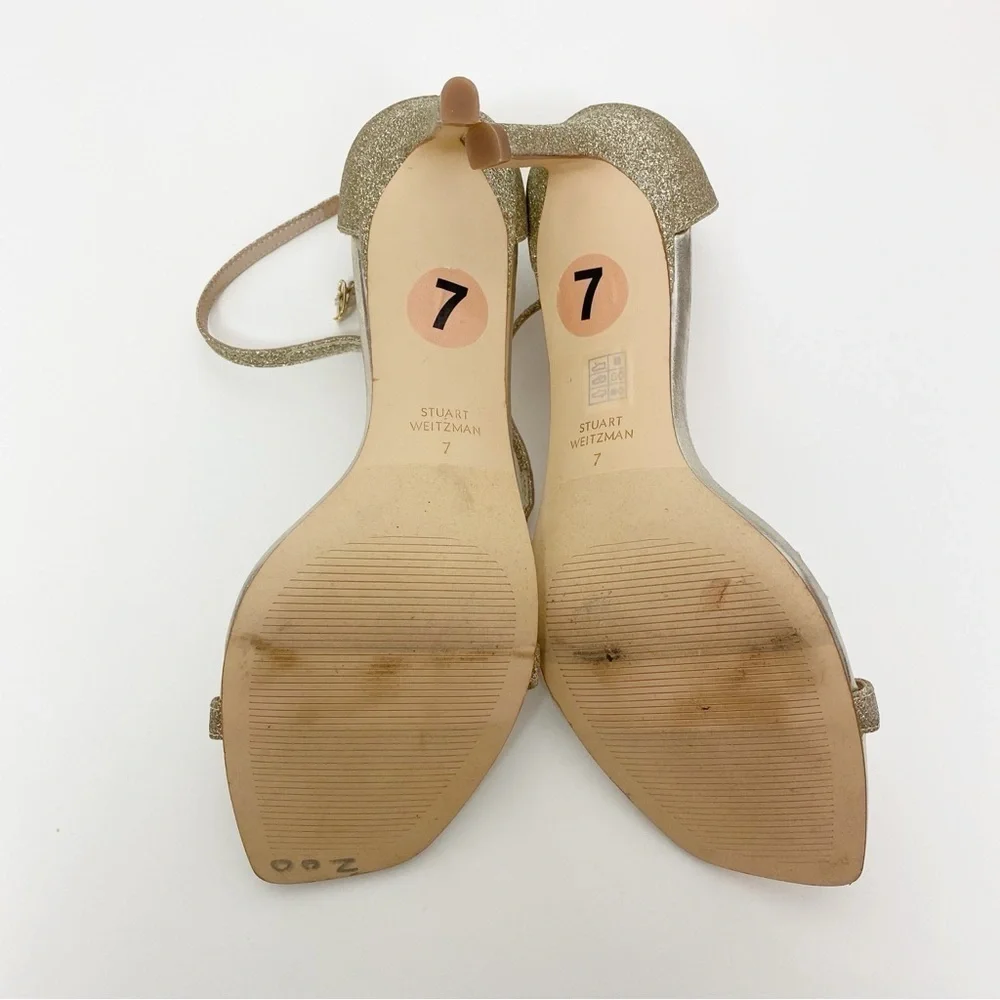 Stuart Weitzman Amelina Glitter Gold Ankle Strap Sandals Heels